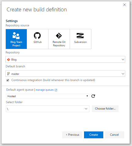 The create build definition screen