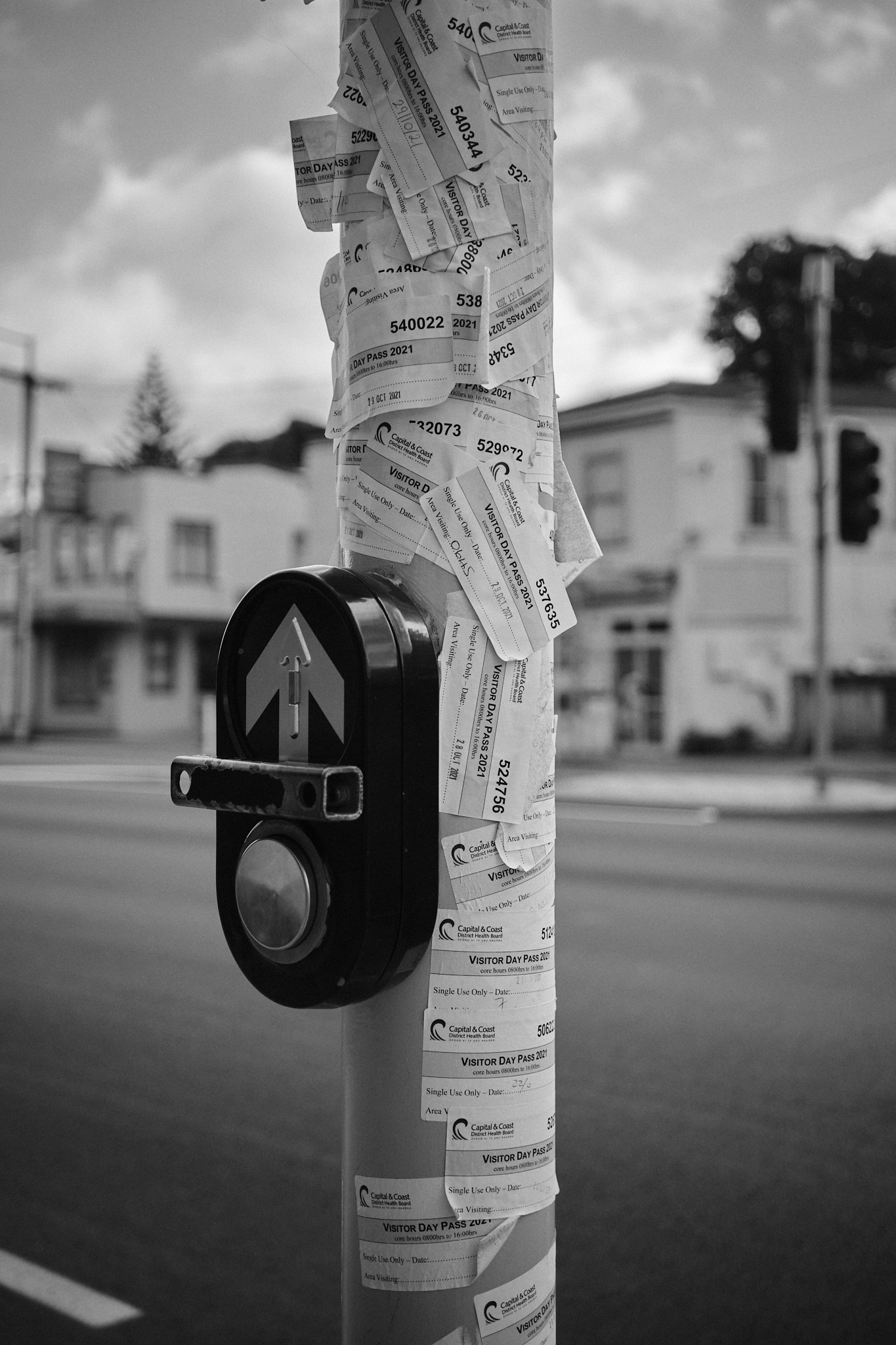 A pole for a street crossing covered by day passes for Wellington Hospital